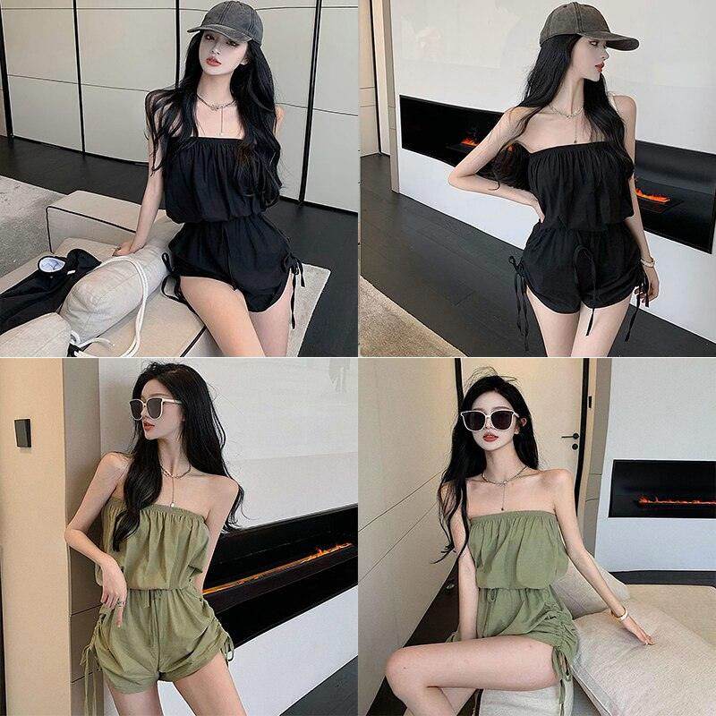 Kayotuas Women Playsuit Summer Off-the-Shoulder Pleated Loose Casual Office Ladies Romper Leotard Streetwear Side Drawstring - Beige Street