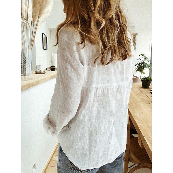 Elegant Linen Shirts Women Casual Solid Color Button Lapel Blouses Shirts Spring Summer Long Sleeve Loose Shirts Tunic Blusas - Beige Street