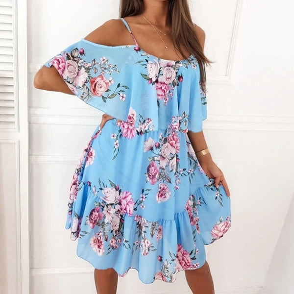 Woman Dress 2022 Summer Floral Printed Sexy Spaghetti Strap Off Shoulder Dress