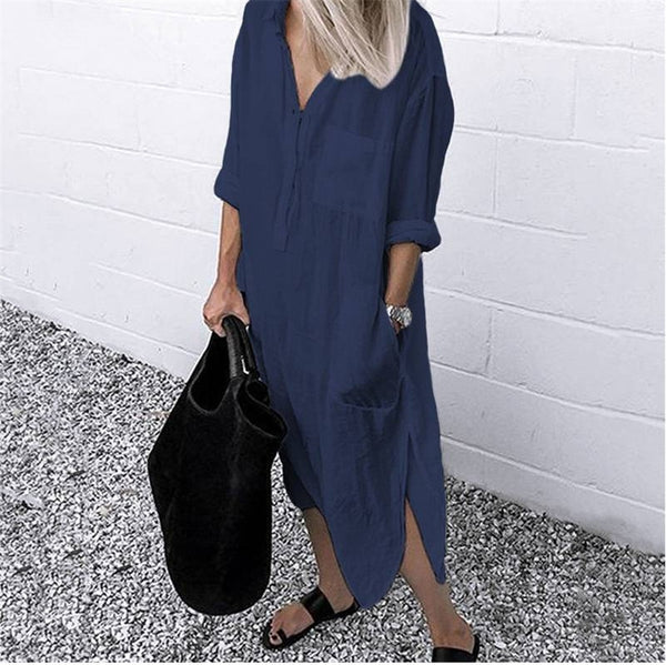 Women Shirt Dress Solid Long Sleeve Side Split Long Dress