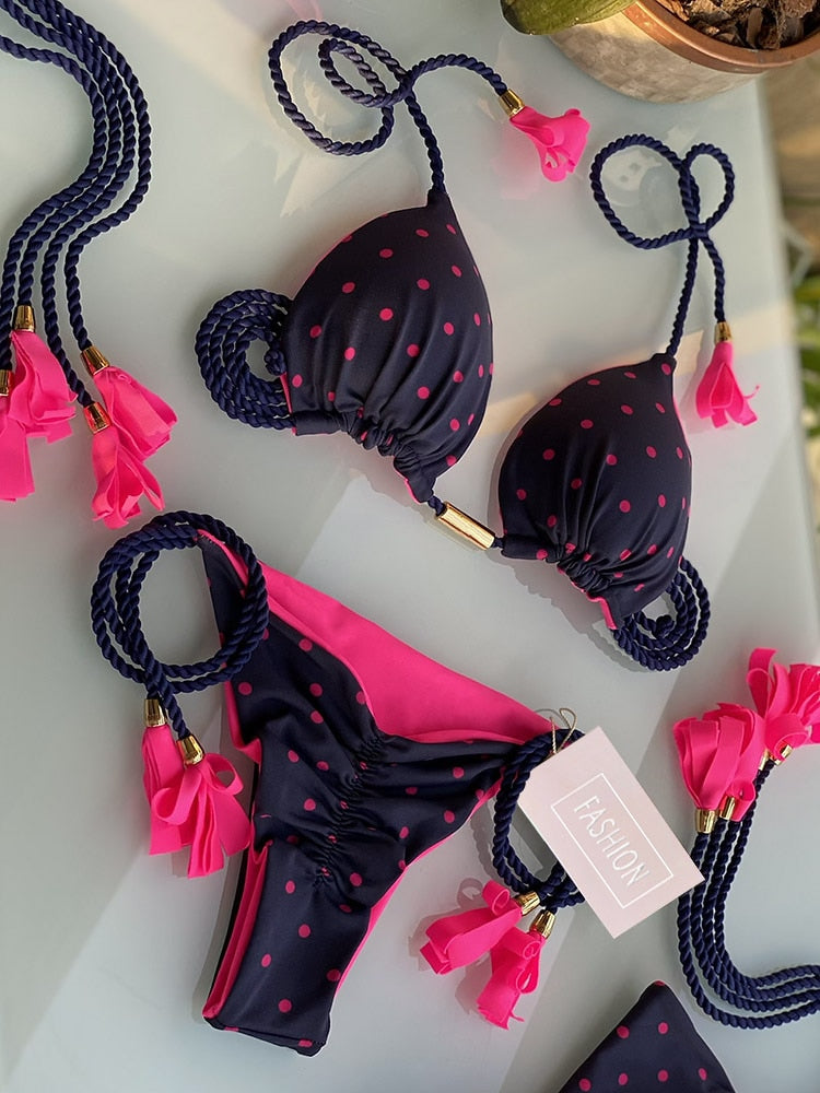 Zrtak Tie Waist Women'S Swimsuit Sexy Bikini Solid Beachwear Summer Bathing Suit Push Up Swimwear High Cut Thong Bikinis Sets