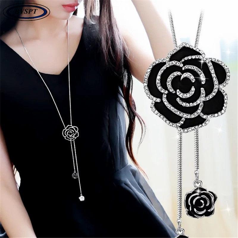 BYSPT Zircon Black Rose Flower Long Necklace Sweater Chain Fashion Metal  Crystal Pendant Necklaces Adjusted - Beige Street