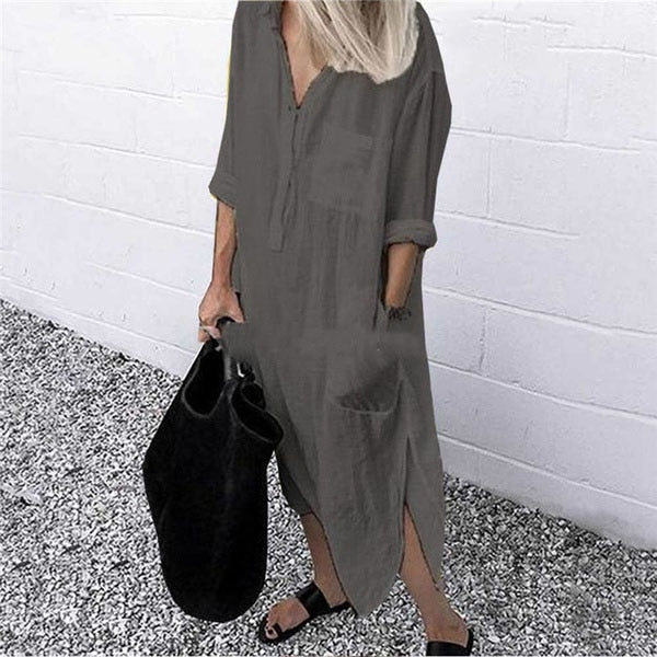 Women Shirt Dress Solid Long Sleeve Side Split Long Dress