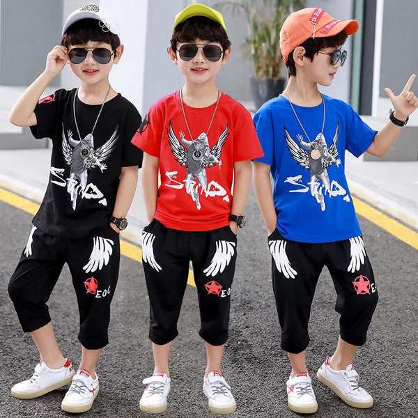 Boys Summer Suit 2022 Wing Man New Children&#39;s Short Sleeve T-shirt + Shorts Clothes Boy Clothing Sets Kids For 4 6 8 10 12 Years - Beige Street